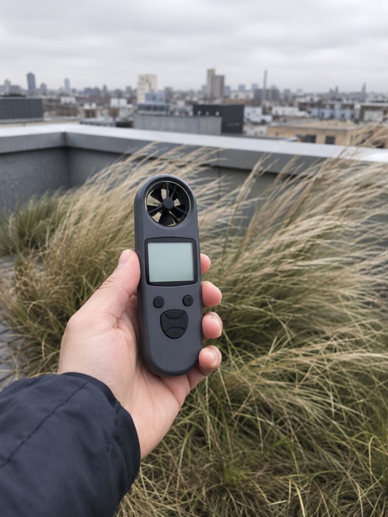 A hand holding a small handheld wind meter on a rooftop while nearby grasses bend in the breeze