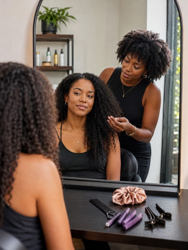 A natural-hair stylist and client compare hairstyle options in a salon mirror