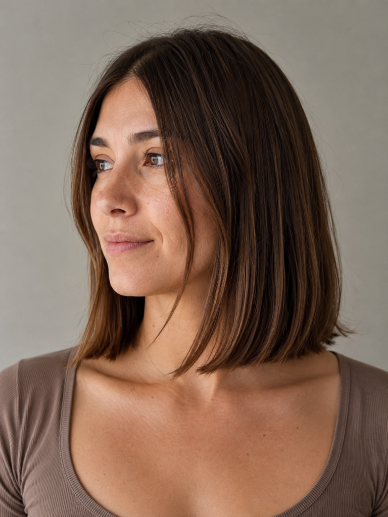 Woman with collarbone length hair cut to a strong single line, with the shortest front pieces falling at her cheekbone.