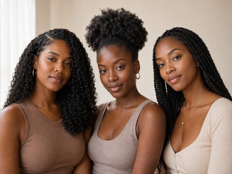 Three women wearing a side-part wash-and-go, soft high puff, and long mini twists