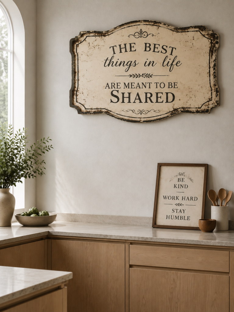 Kitchen wall sign hung too high above a counter