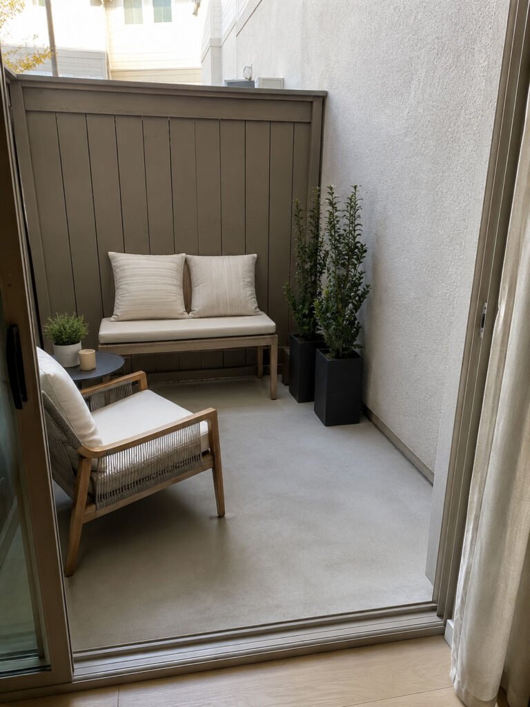 Small patio with an edge bench, one chair and a narrow table leaving the middle open