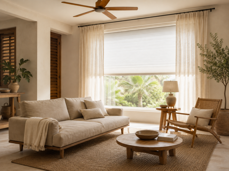 Bright living room with a low linen sofa, jute rug, ceiling fan and light filtering shades on a sunlit window
