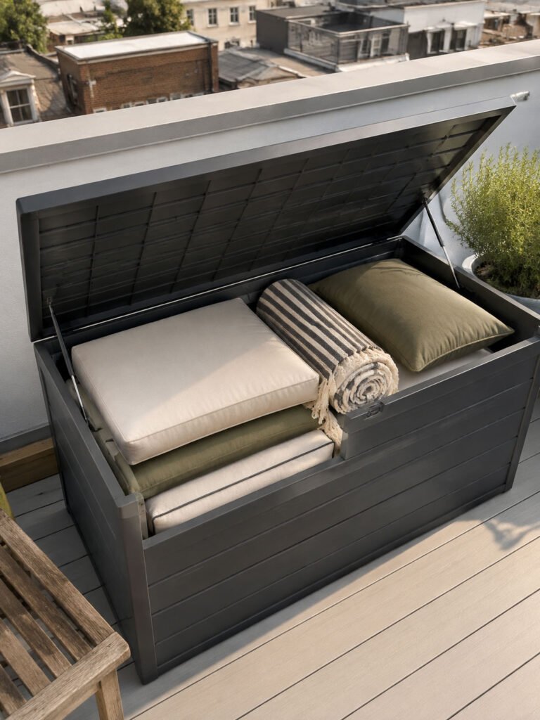 Folded outdoor cushions and a rolled throw being packed into a lidded storage box on a rooftop
