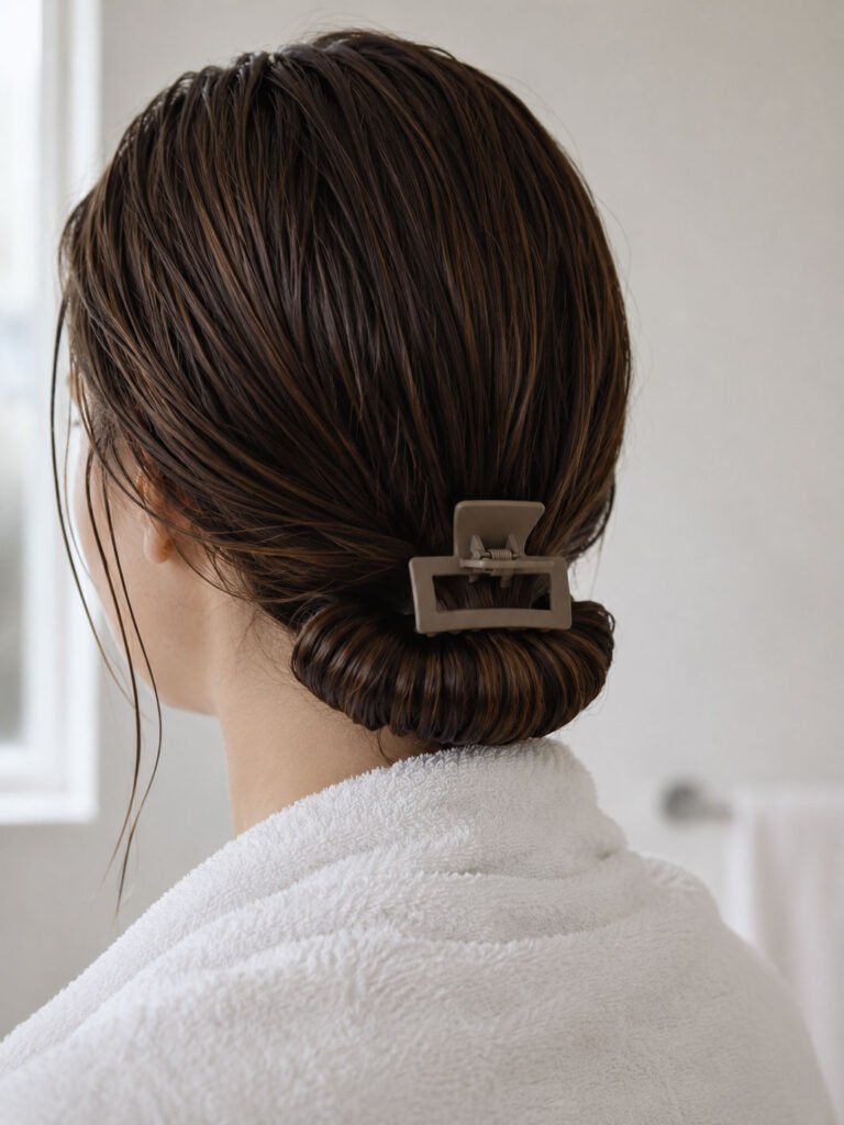 Damp ends of layered hair rolled under and held flat against the head with a clip