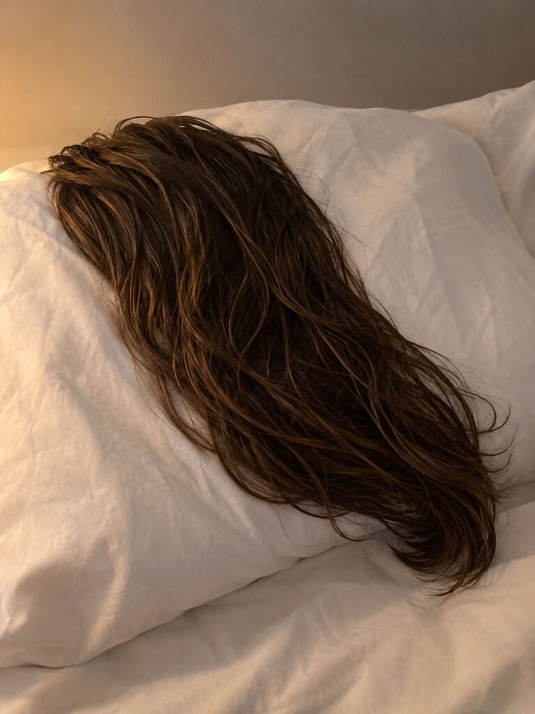 Damp layered hair spread across a white pillow with the ends bent to one side