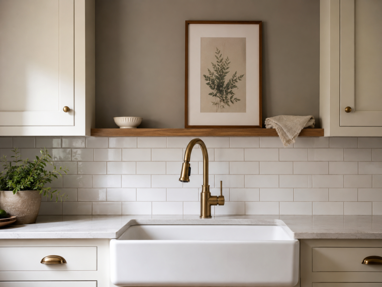 Kitchen sink with a blank wall behind it, styled with a framed print and a small ceramic dish on a narrow ledge