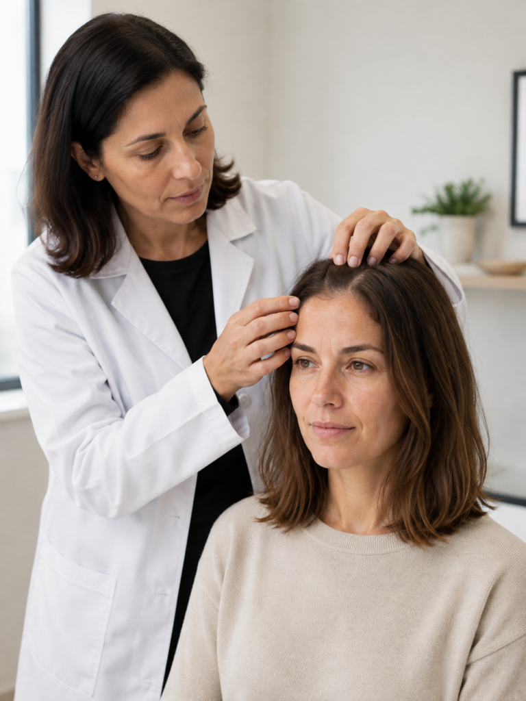 Doctor examining a patient's scalp and hairline during a consultation in a clinic room. 