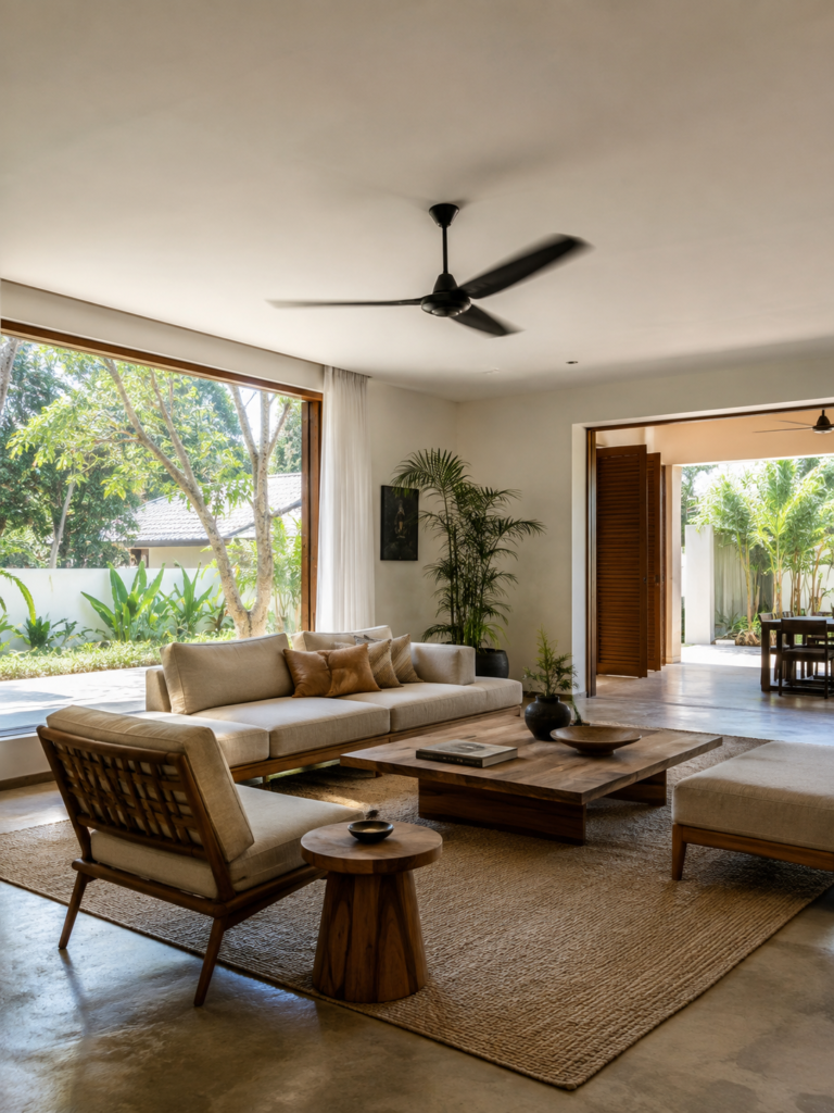 Modern living room with a ceiling fan, open window, low furniture and clear cross ventilation path for better summer airflow