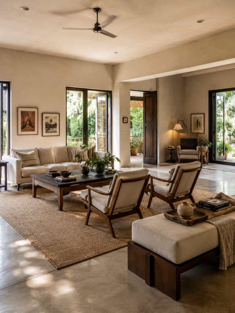 Cozy open living room with a rug-defined seating area, low furniture, reading corner, and unobstructed airflow.