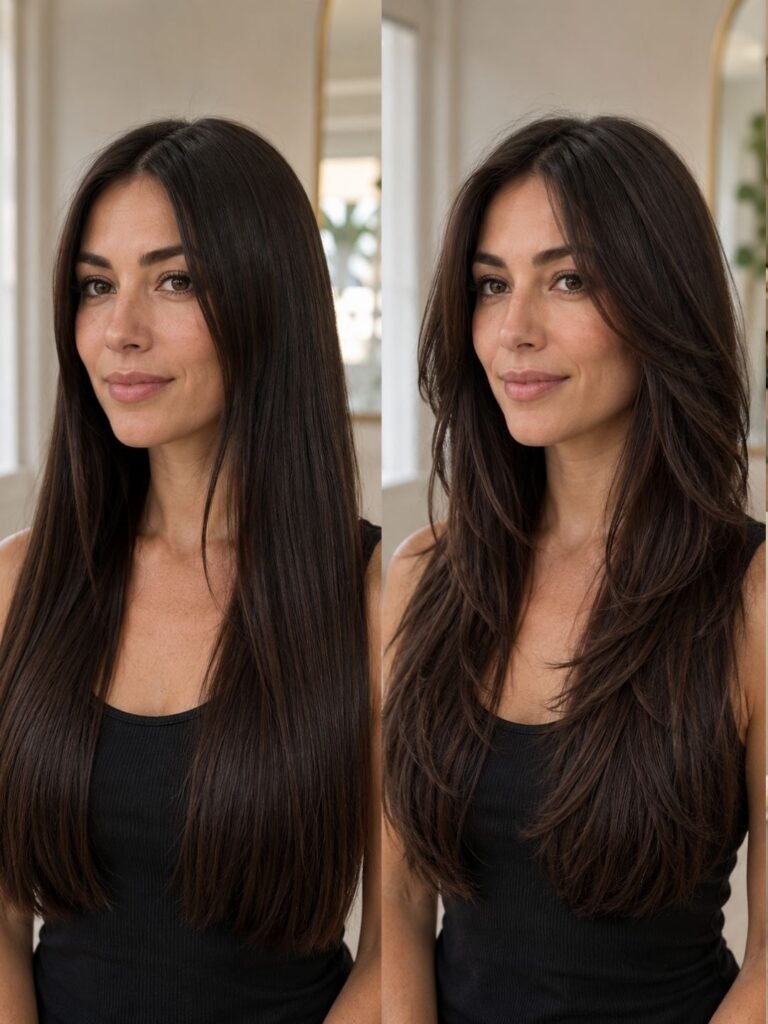 Side-by-side views of face-framing layers and full long layers on similar long hair