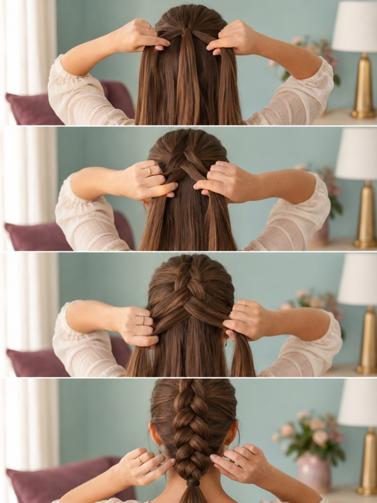 Hands holding four sections of fine hair while braiding