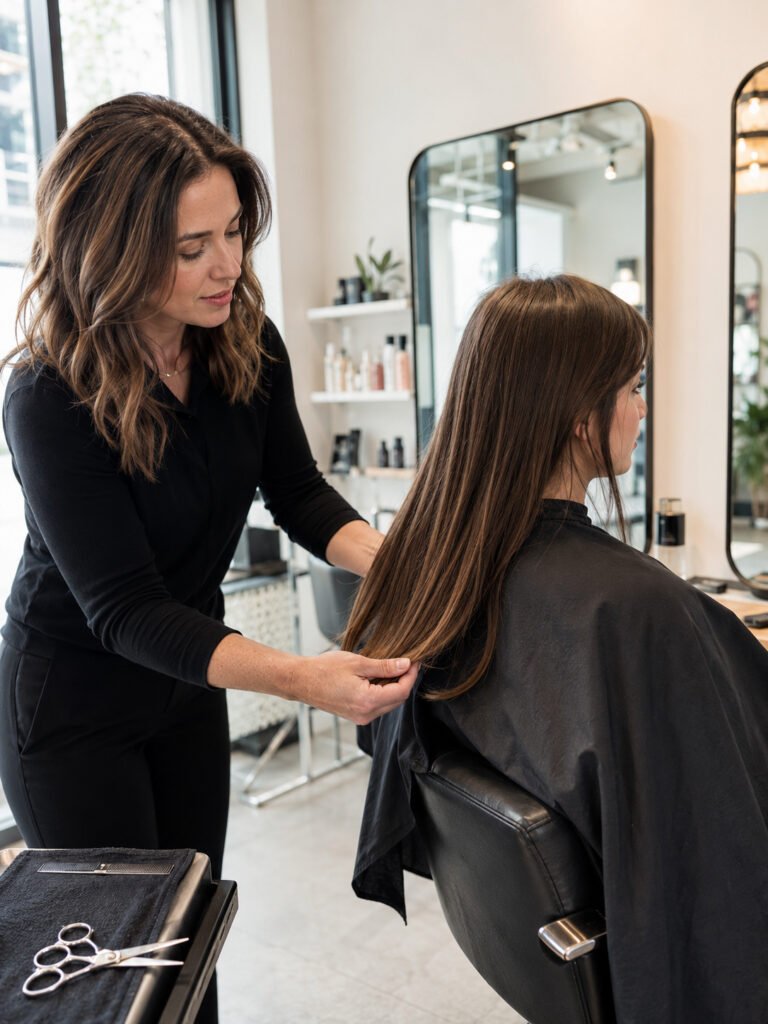 Stylist checking the perimeter of a client's long fine hair during a salon consultation
