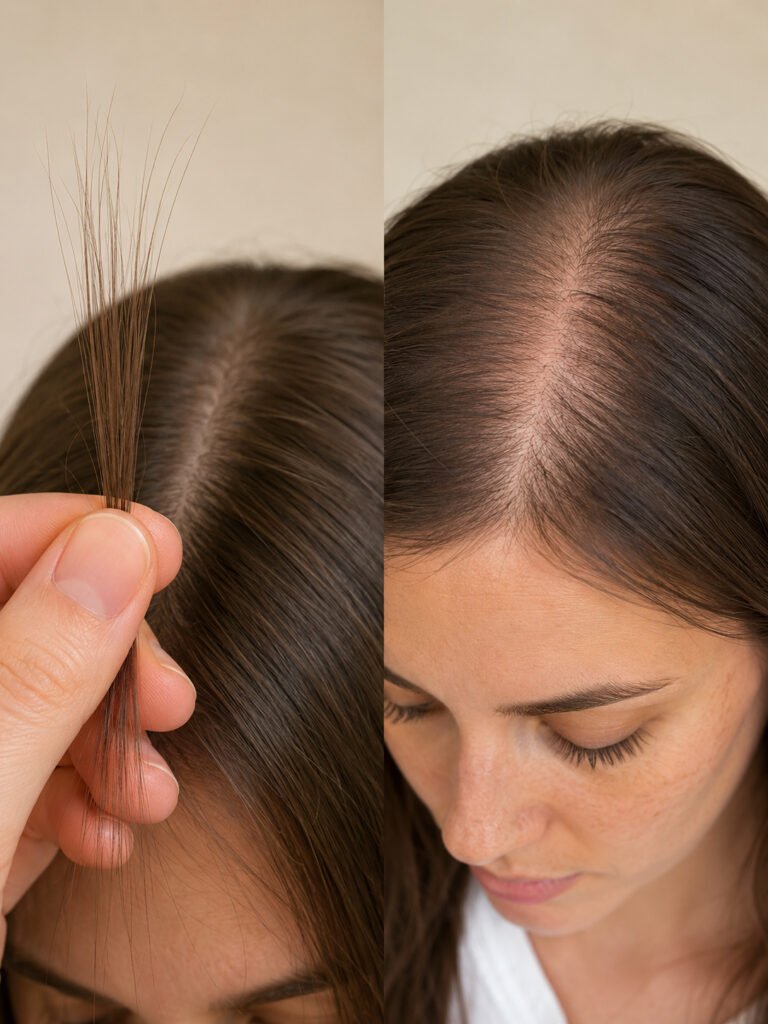 Close comparison of fine hair strands and two different levels of overall hair density