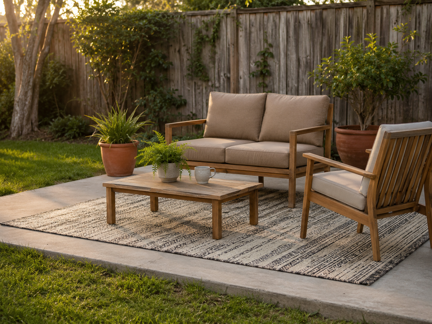 Flat woven cream and charcoal outdoor rug on a concrete patio beneath a small sofa and chair, with lawn visible behind