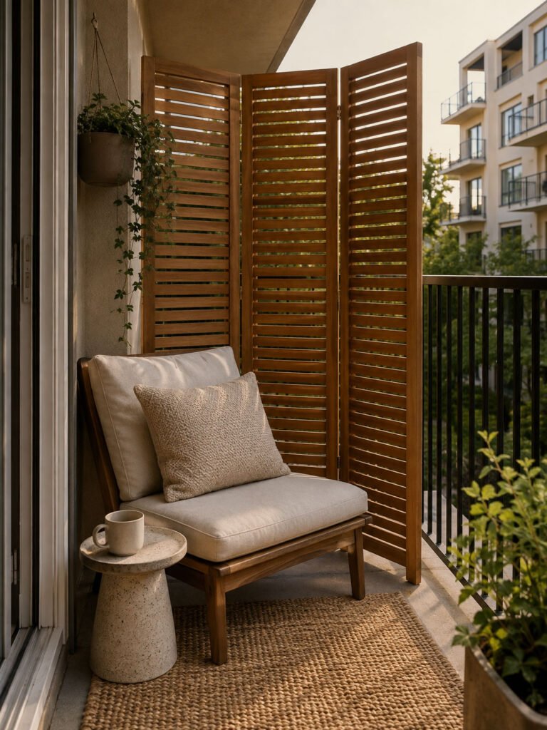 Wooden folding privacy screen standing beside a cushioned balcony chair, angled to block the view from one side