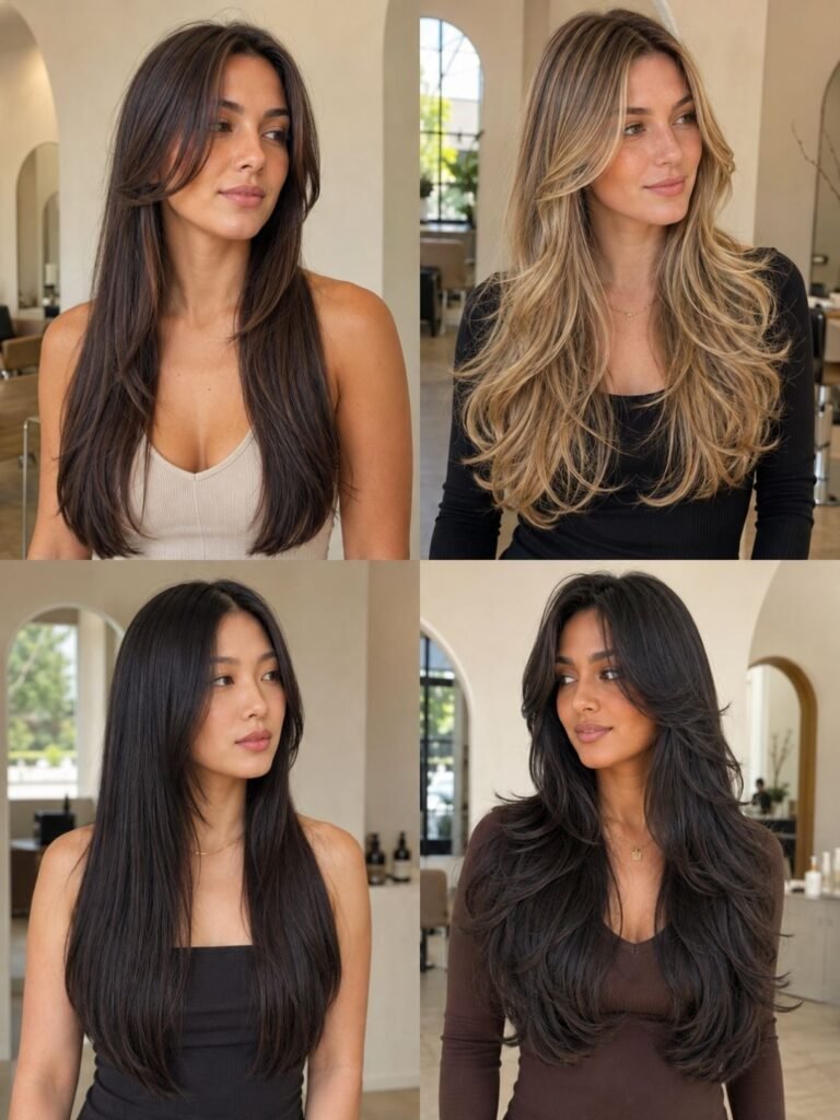 Four layered haircuts showing front framing, full-length layers, hidden layers, and butterfly layers