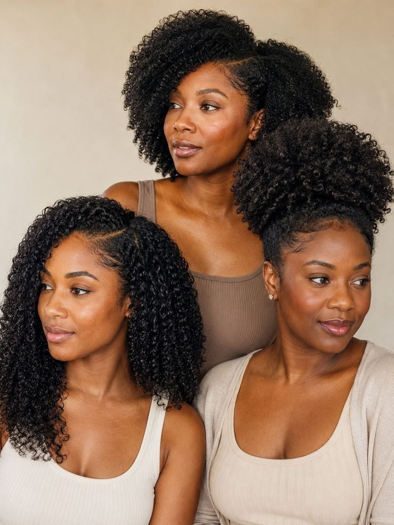 Women wearing a side-part wash-and-go, rounded Afro, and softly secured high puff