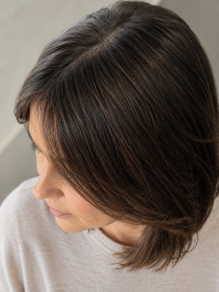 Overhead angle showing a section of shoulder length hair laid horizontally across the temple so the scalp underneath is covered. 
