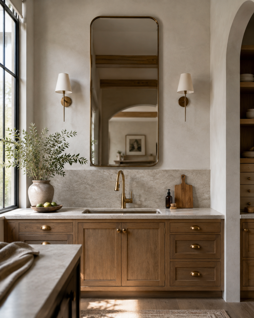 Open kitchen wall above sink with mirror and shelves.