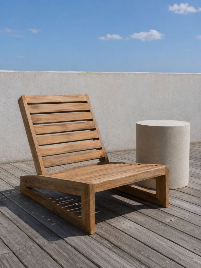 A low slatted teak lounge chair beside a solid concrete side table on a wooden roof deck