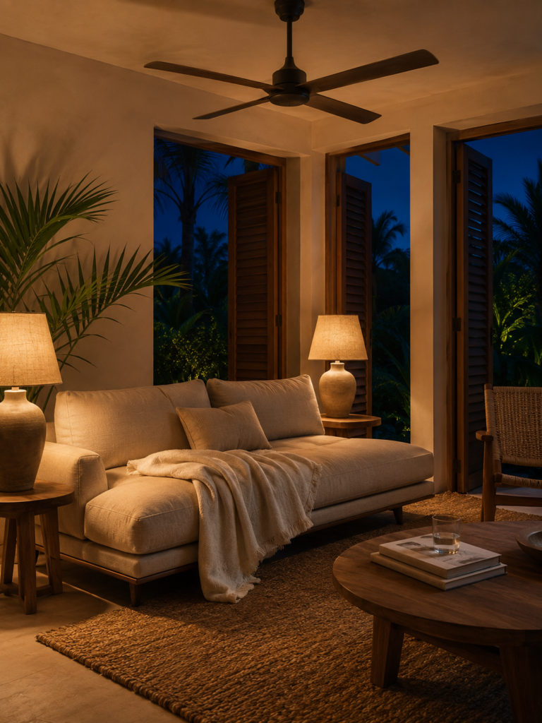 Living room at night with open shuttered windows, two warm table lamps lit and a light cotton throw across a linen sofa