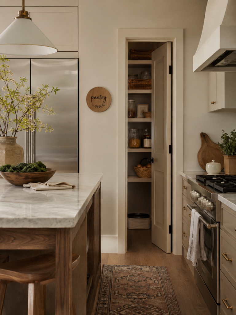 Modern kitchen with a tasteful handmade sign, natural wood finishes, and contemporary personalized decor.