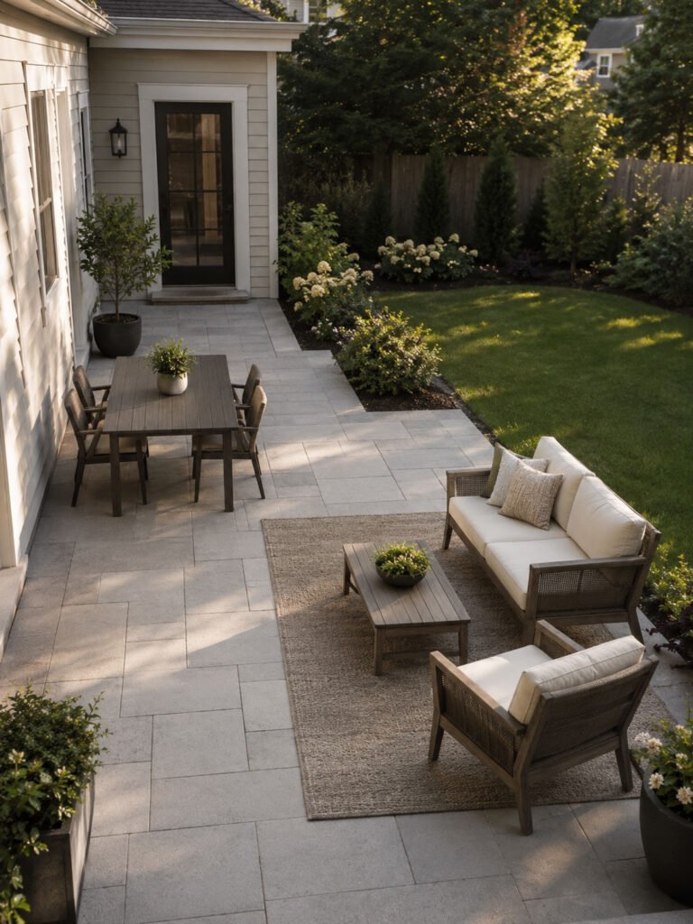 Rectangular patio with a dining zone and smaller lounge zone separated by a clear walking route