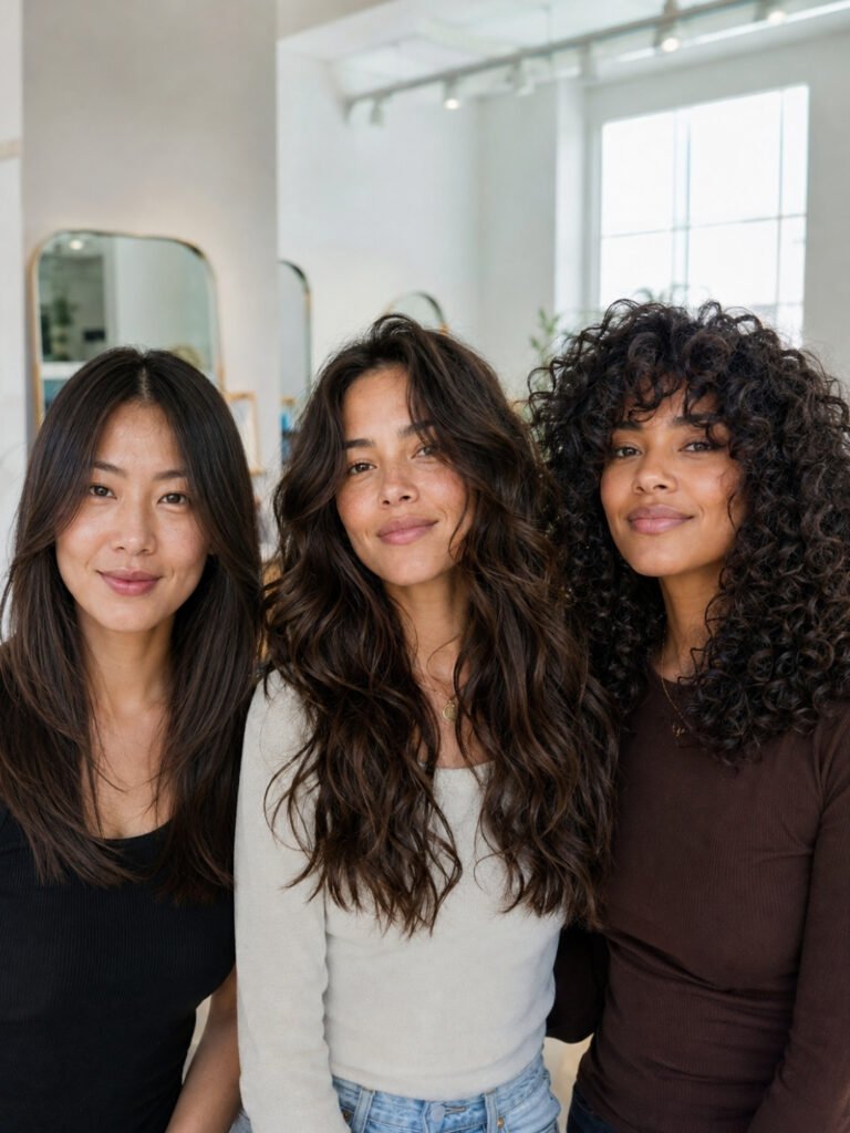 Three women with fine straight, thick wavy, and curly hair wearing different appropriate layered shapes