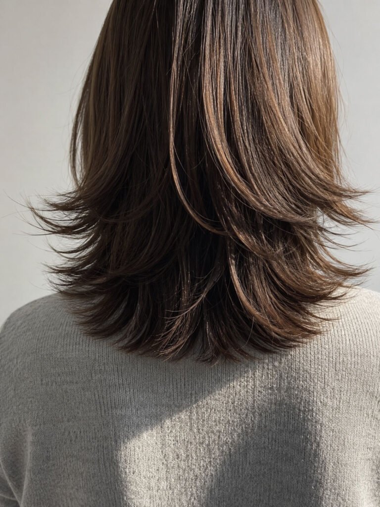 Close view of layered hair ends flicking outward away from the neck