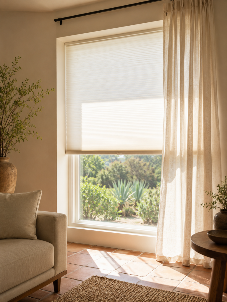 Living room window fitted with a light filtering cellular shade and a pale linen curtain, with strong afternoon sun outside