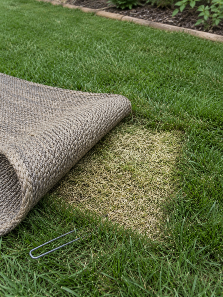 A folded back corner of a woven outdoor rug on a lawn, revealing pale yellow grass where the rug has been sitting