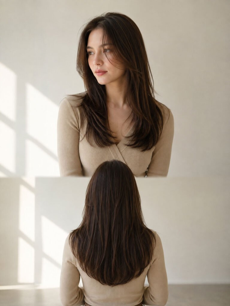 Front and back views of long fine hair with restrained layers and a full lower edge