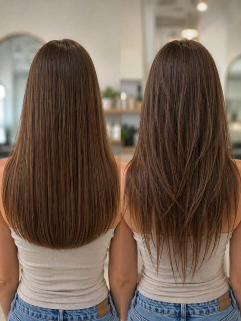 Back views comparing solid long hair ends with heavily layered sparse-looking ends