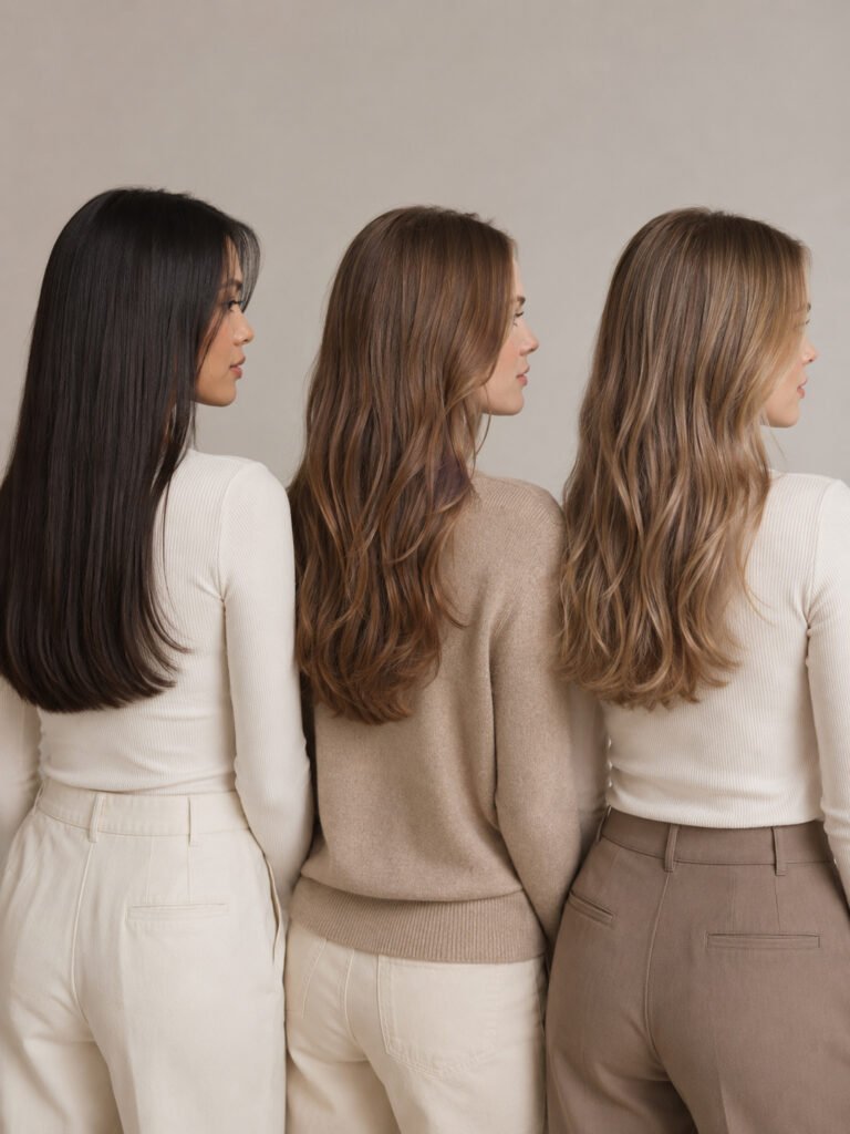 Three women with fine long hair wearing solid, low-layered and softly waved cuts
