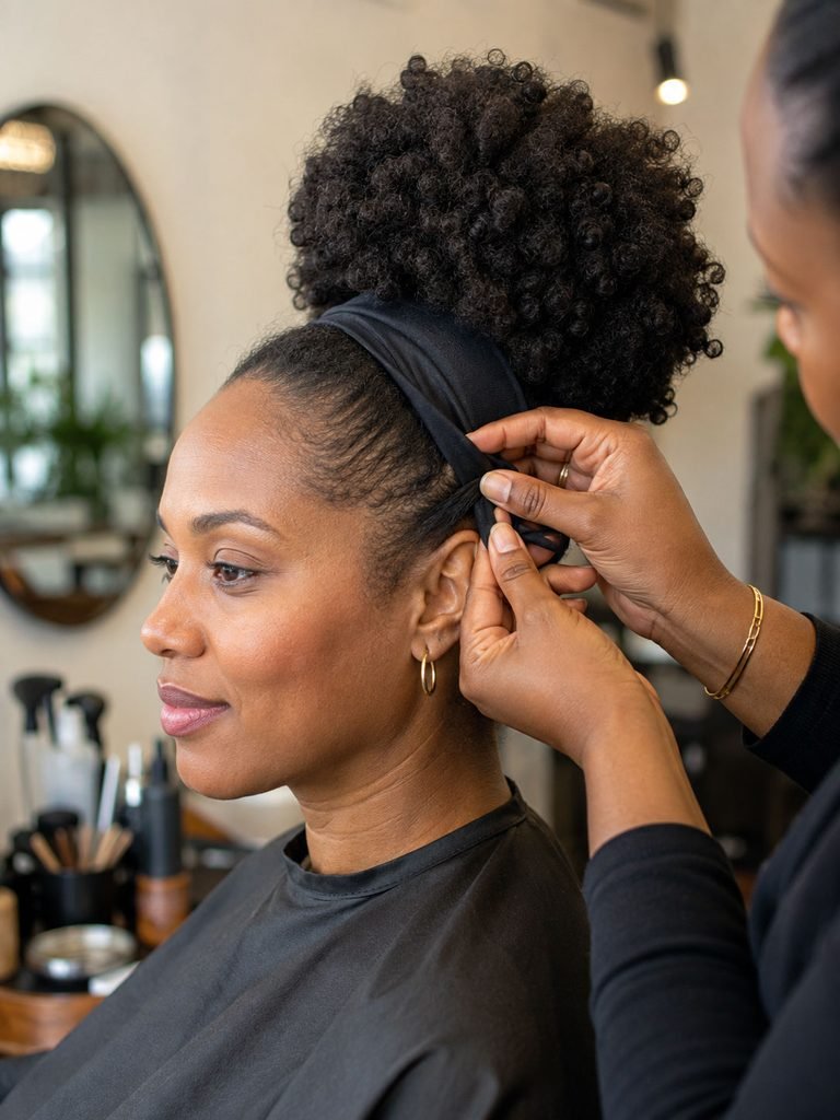 A stylist gently loosens a covered band near the temple of a high puff