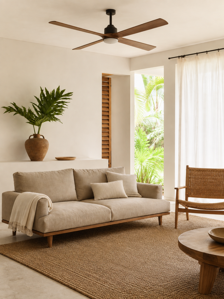 Low linen sofa on slim legs with a flatweave jute rug beneath a slowly turning ceiling fan in a bright airy room