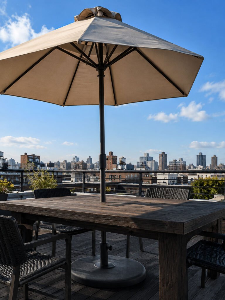 A cream market umbrella set through the center of a solid dining table with a wide weighted base on a roof deck