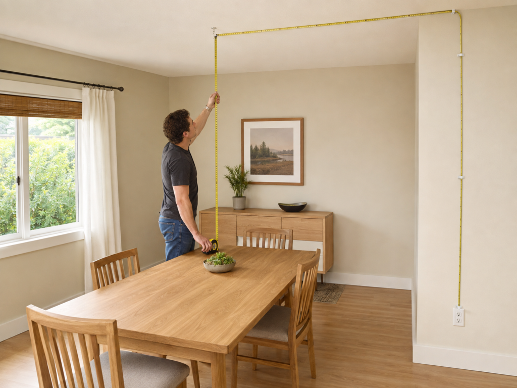 A dining table beneath a planned pendant location, with a measuring tape tracing the actual cord route up to the ceiling, across to the wall, and down to the nearest outlet.