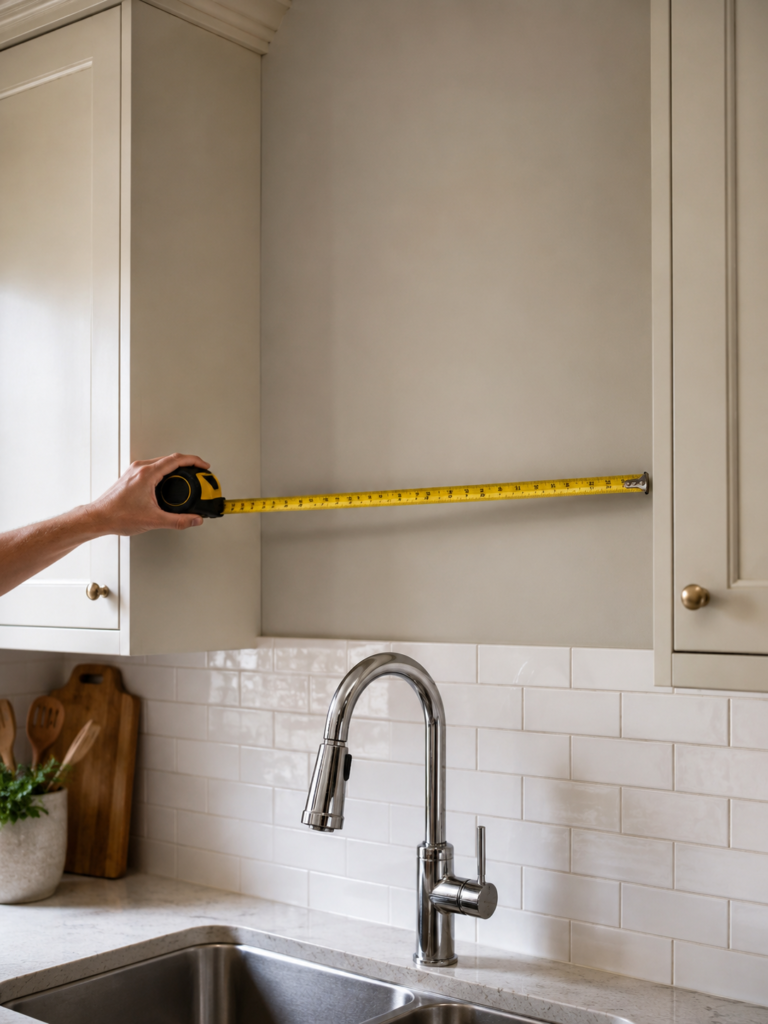 A tape measure held against the wall between two upper cabinets above a kitchen sink