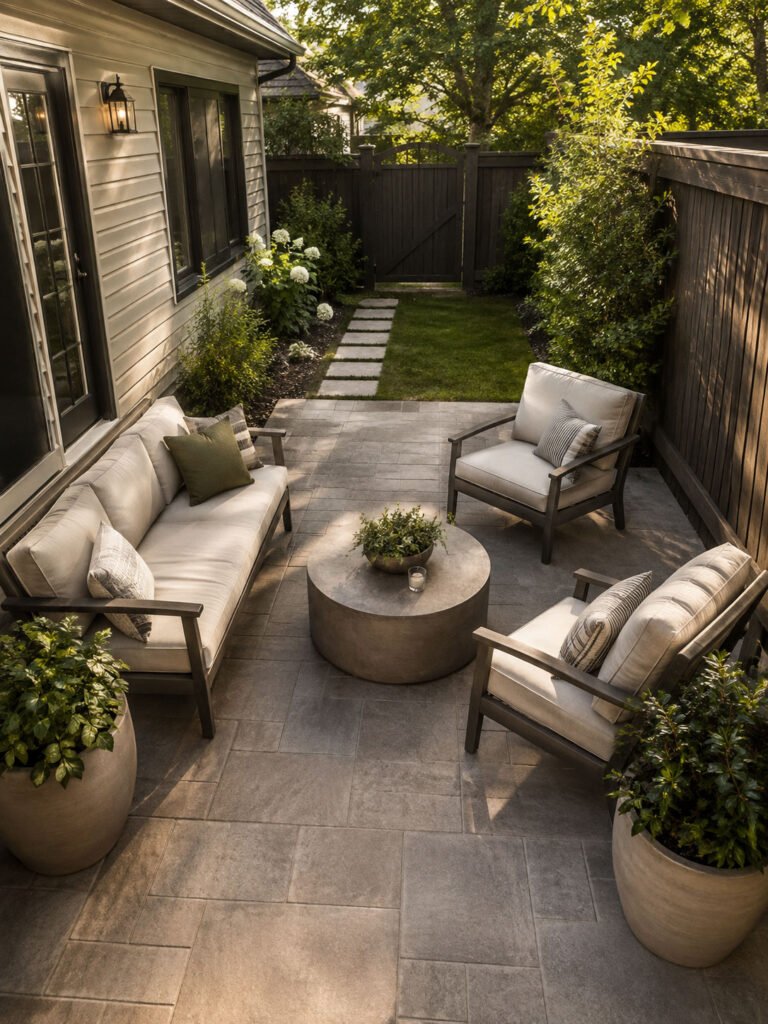 Medium rectangular patio arranged as a complete lounge area with clear space around the seating