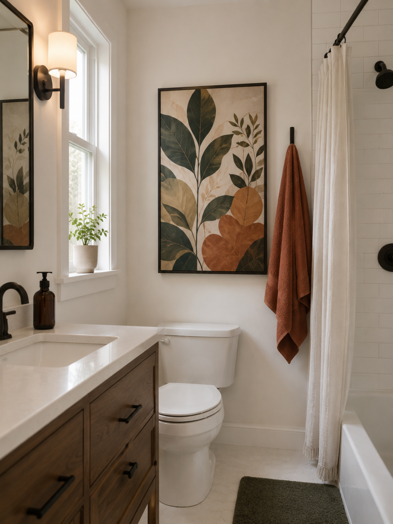 Muted botanical artwork adding color to a simple white bathroom