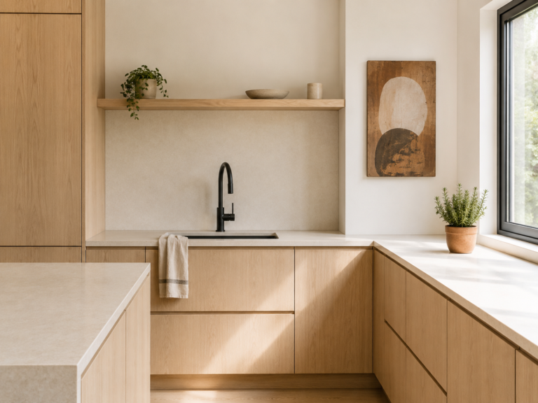 A calm neutral kitchen with pale oak cabinets and a single hand-painted wooden sign on the end wall beside open shelving.