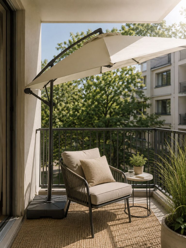 Cream offset umbrella angled over a single chair and side table on an apartment balcony, with a weighted base at the side