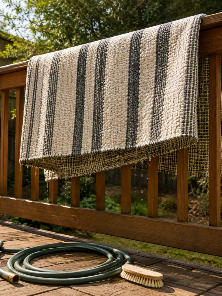 A striped outdoor rug draped over a wooden deck railing to dry in the sun after cleaning