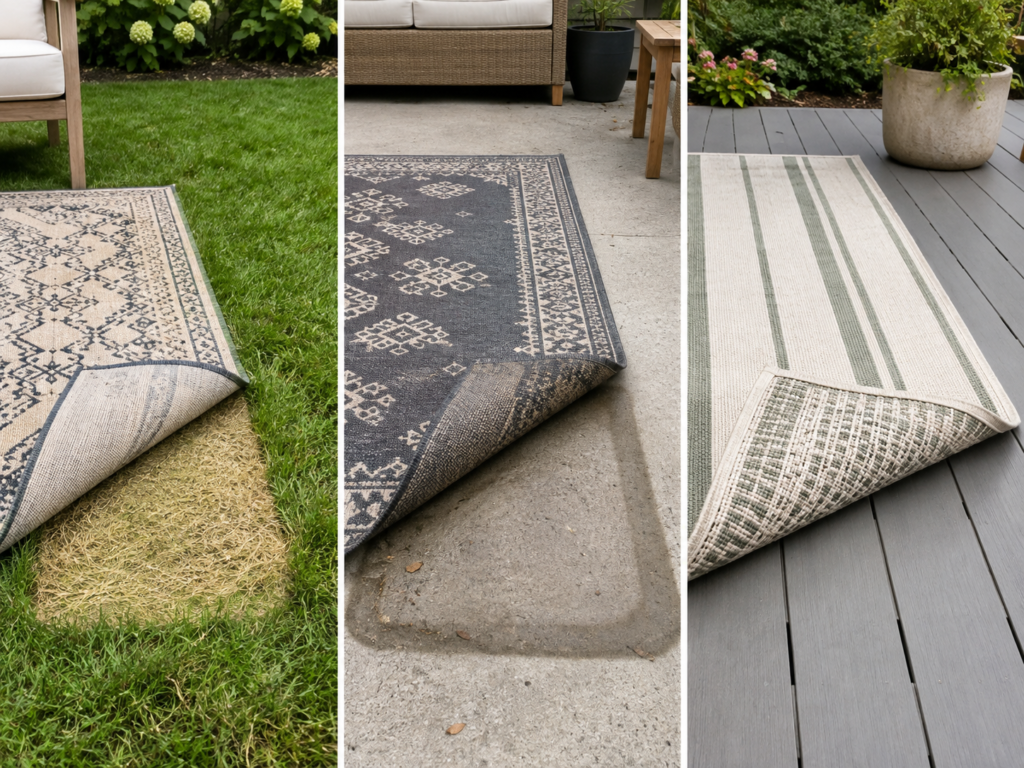 Three side by side views of outdoor rugs with lifted corners showing the surface underneath: yellowed grass on a lawn, a damp outline on concrete, and clean grey composite decking beneath a striped rug.