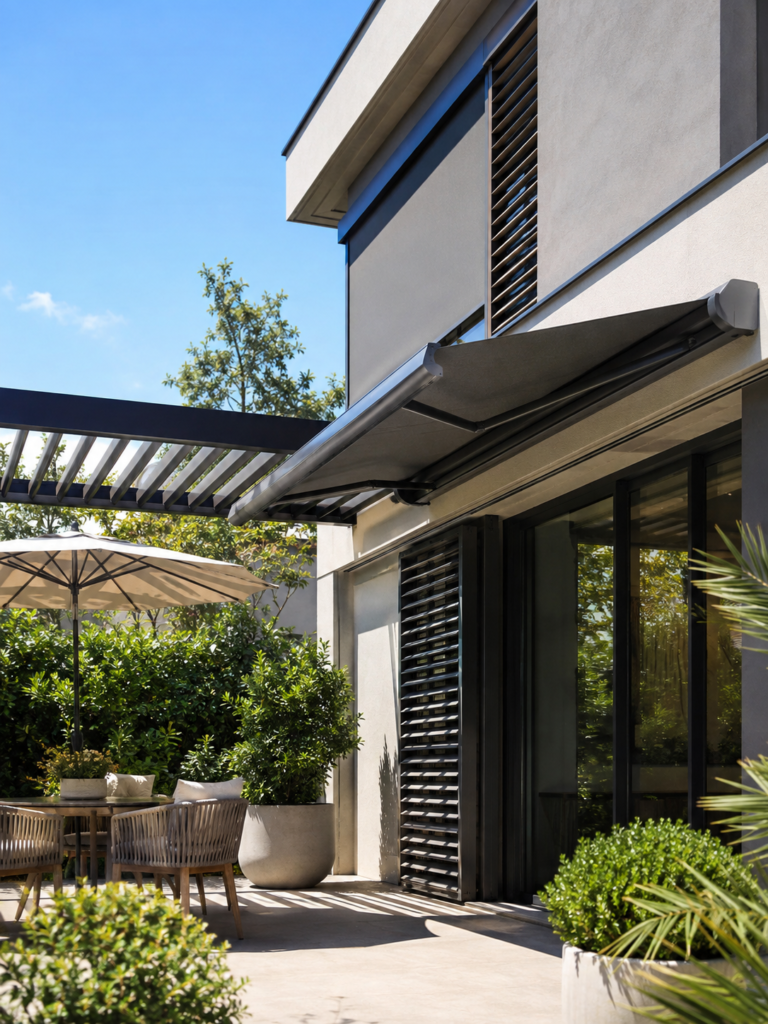 Exterior awning, louvers, pergola, plants, and patio umbrella shading glass doors from direct summer sunlight.