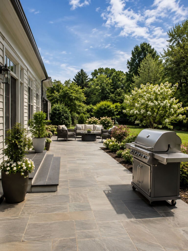 Backyard grill positioned away from lounge seating with open working space around it