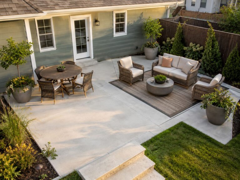 Backyard patio with separate dining and lounge areas connected by a clear walking path