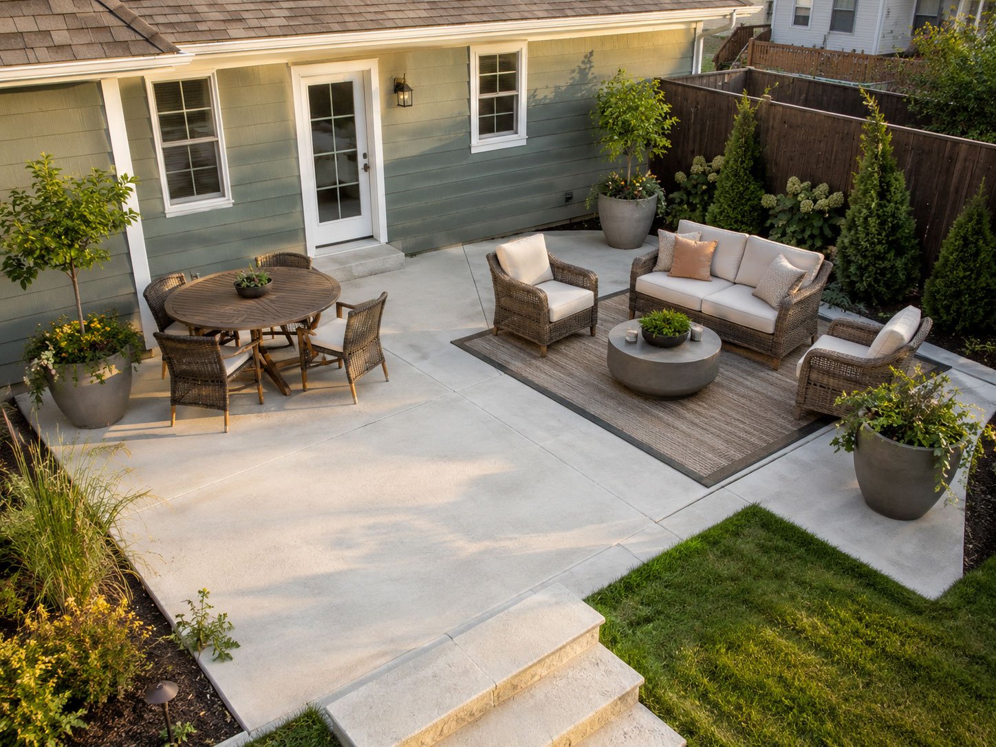 Backyard patio with separate dining and lounge areas connected by a clear walking path